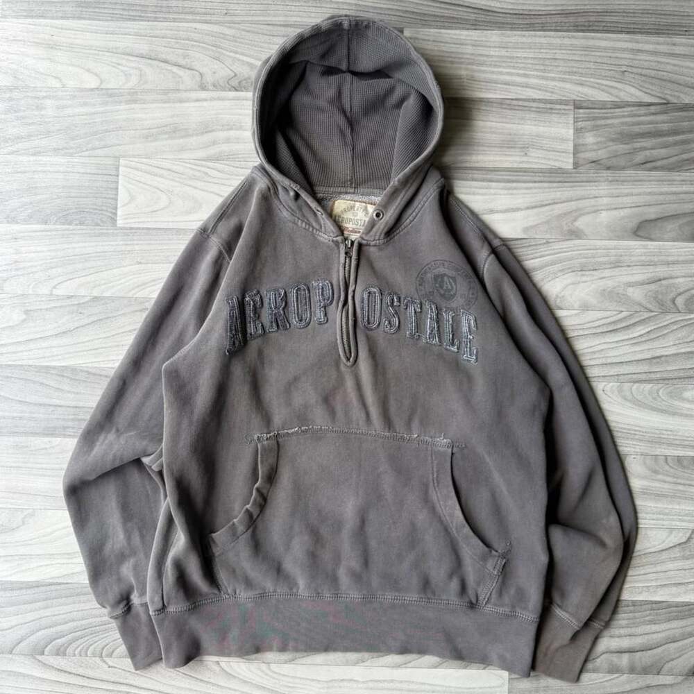 Aeropostale Quarter Zip Hoodie Size Medium Grey Applique Pullover